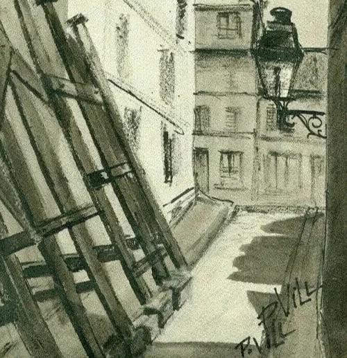 City, War Time, Building - Drawing Vintage Ink Original signed Artwork - 7
