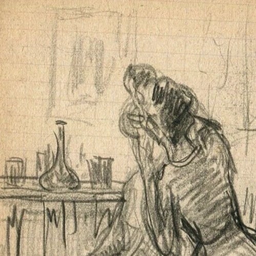 Elegant Women Sitting, People - Drawing Antique Pencil Original signed - 3