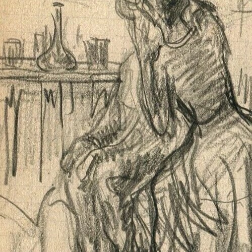 Elegant Women Sitting, People - Drawing Antique Pencil Original signed - 4