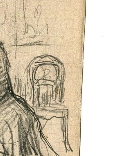 Elegant Women Sitting, People - Drawing Antique Pencil Original signed - 6