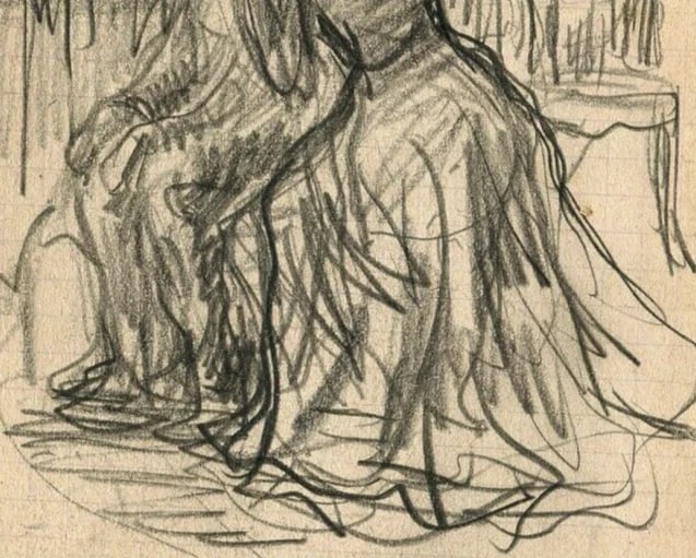 Elegant Women Sitting, People - Drawing Antique Pencil Original signed - 7