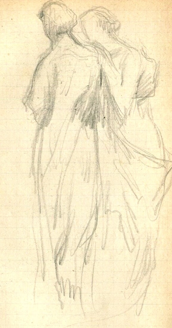 Sketch Two Women Walking - French Pencil Drawing Signed Antique (1 of 8)