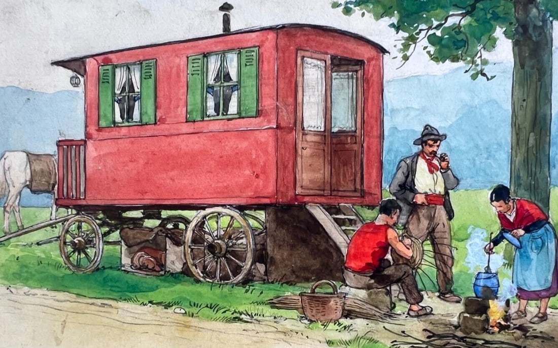 Vintage Drawing Original Art Deco Gouache Illustration, People, Animals Carriage: Gouache on paper 15 x 10 cm Reserve: $50.00 Shipping: Domestic: Flat-rate of $19.00 to anywhere within the contiguous U.S. International: Foreign shipping rates are determined by destination. Internat
