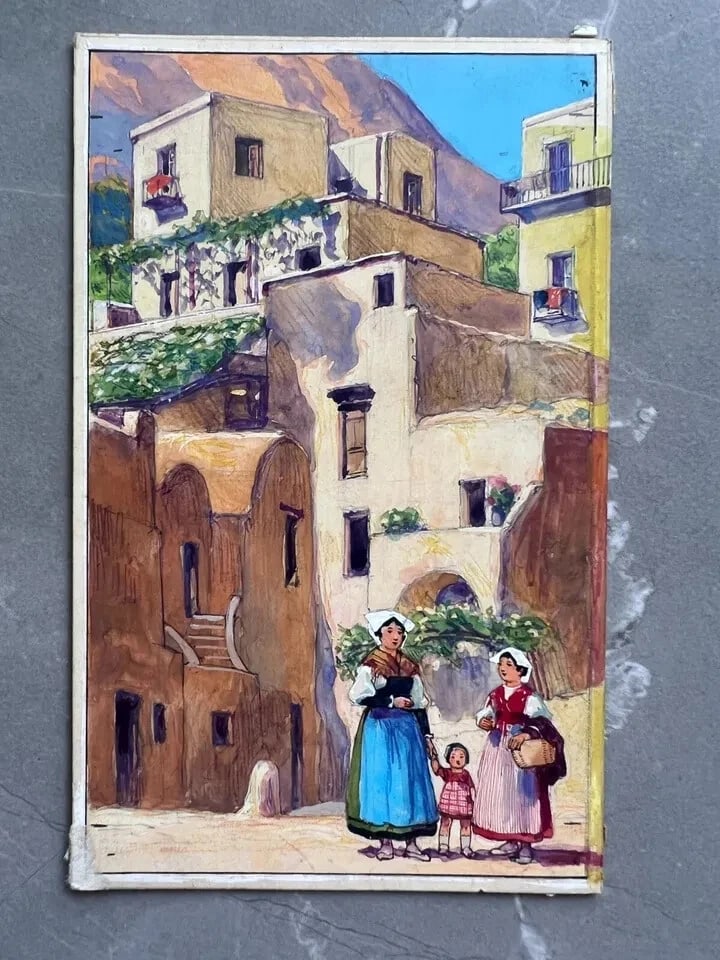 Antique Original Drawing Gouache, Illustration, Alsace, Landscape - 3