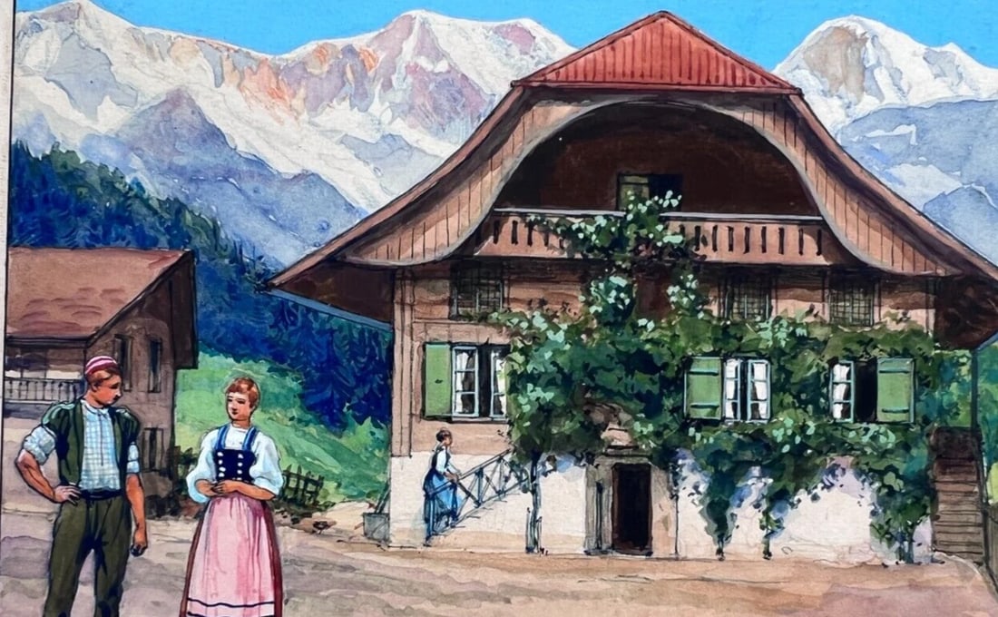 Antique Original Drawing Gouache, Illustration, Switzerland Artwork, Landscape (1 of 8)