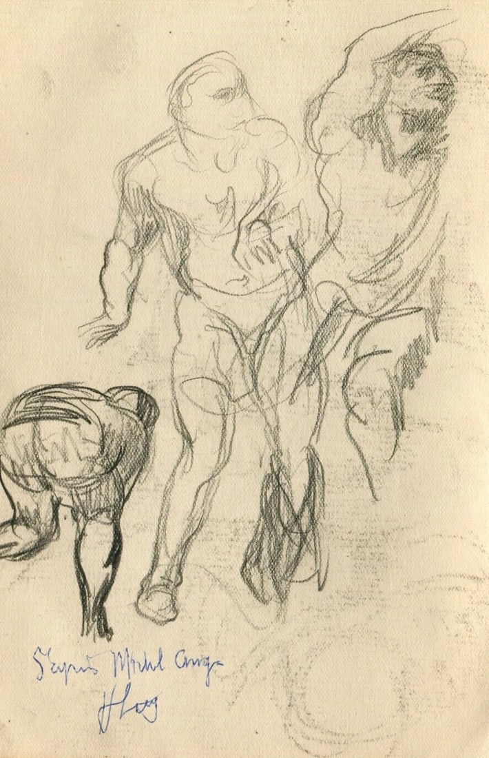 Sketch Figures, Michel Ange Drawing Antique Pencil Original Artwork, Signed (1 of 8)