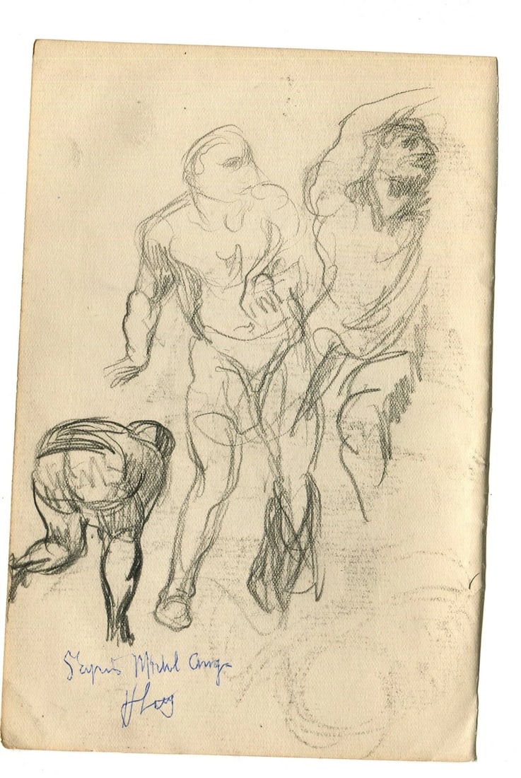 Sketch Figures, Michel Ange Drawing Antique Pencil Original Artwork, Signed - 2