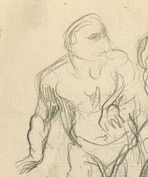 Sketch Figures, Michel Ange Drawing Antique Pencil Original Artwork, Signed - 3