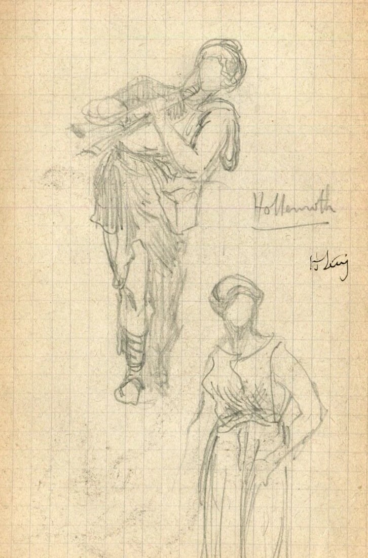 French Pencil Drawing Figures, Music, Trumpet, Sketch Signed: Pencil on paper 14,5 x 8,5 cm / 5.70 x 3.34 inches stains, folds An original French 19th century graphite pencil presenting a figurative composition. Sourced from a private European collection and off