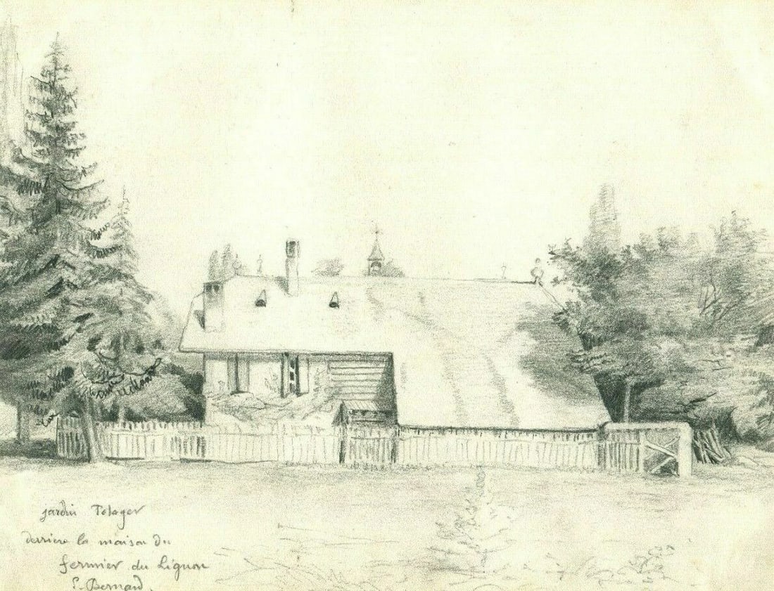Landscape Farmer's Garden of Lignon Drawing Antique Original Pencil Artwork (1 of 8)