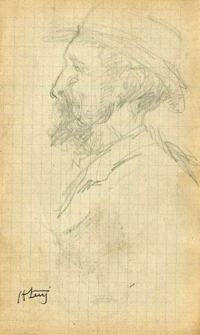 French Pencil Drawing Man Portait with Hat Signed Antique Original (1 of 8)