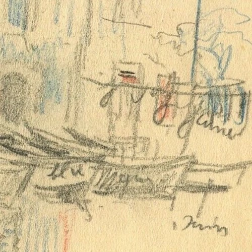 Early 20th French Pencil Drawing Boats in a Port, Landscape - Pencils - 3
