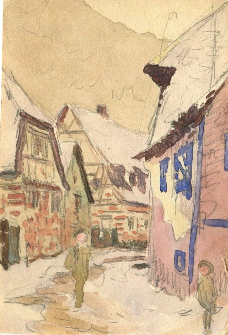 French Pencil Drawing Mountain Village Landscape Antique Original (1 of 8)