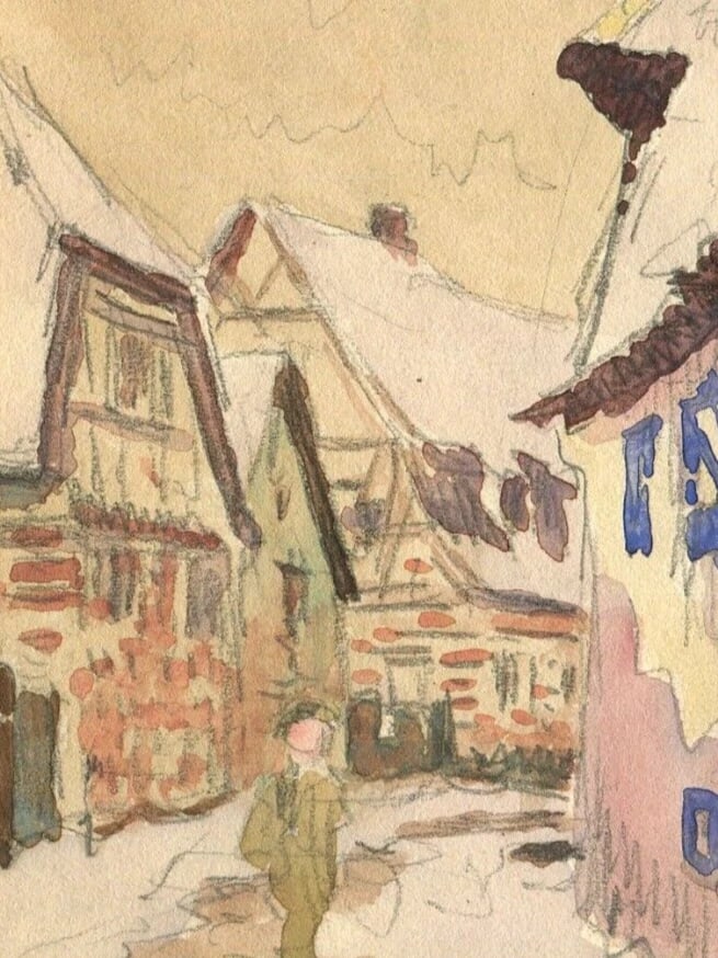 French Pencil Drawing Mountain Village Landscape Antique Original - 5