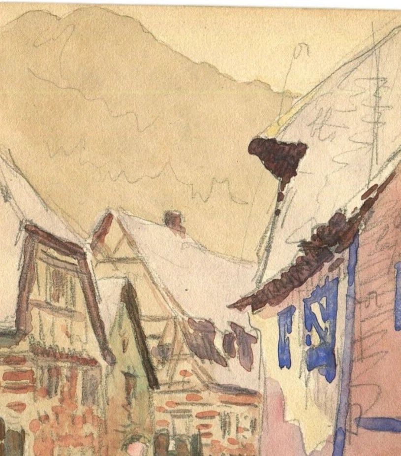 French Pencil Drawing Mountain Village Landscape Antique Original - 7