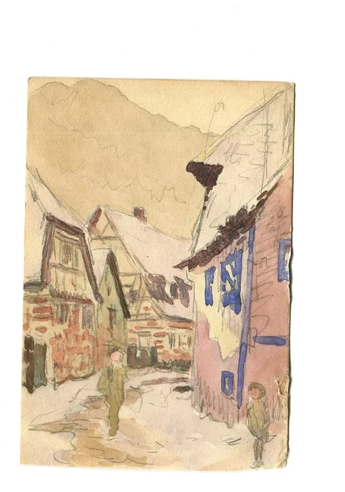 French Pencil Drawing Mountain Village Landscape Antique Original - 8