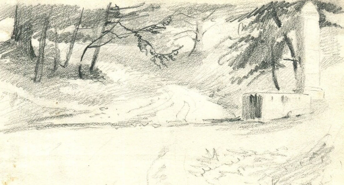 French Pencil Drawing Forest and Path Landscape Antique Original (1 of 8)