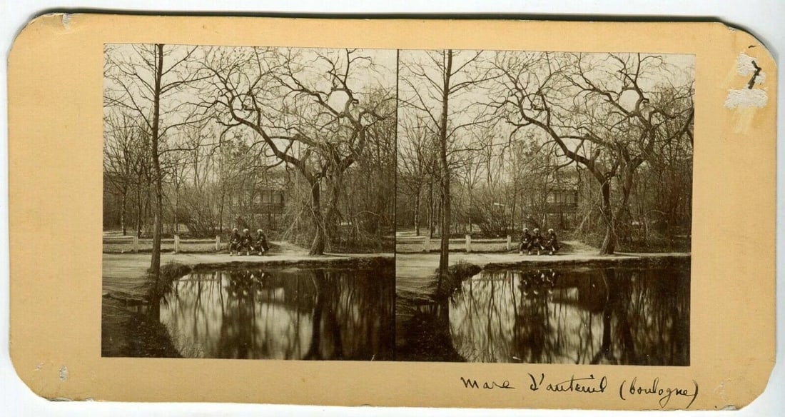 Vintage Stereoview - Mare d'Auteuil Boulogne - Albumen c. 1880: Albumen prints mounted on stereo card 8,5 x 17,5 cm Reserve: $30.00 Shipping: Domestic: Flat-rate of $19.00 to anywhere within the contiguous U.S. International: Foreign shipping rates are determined