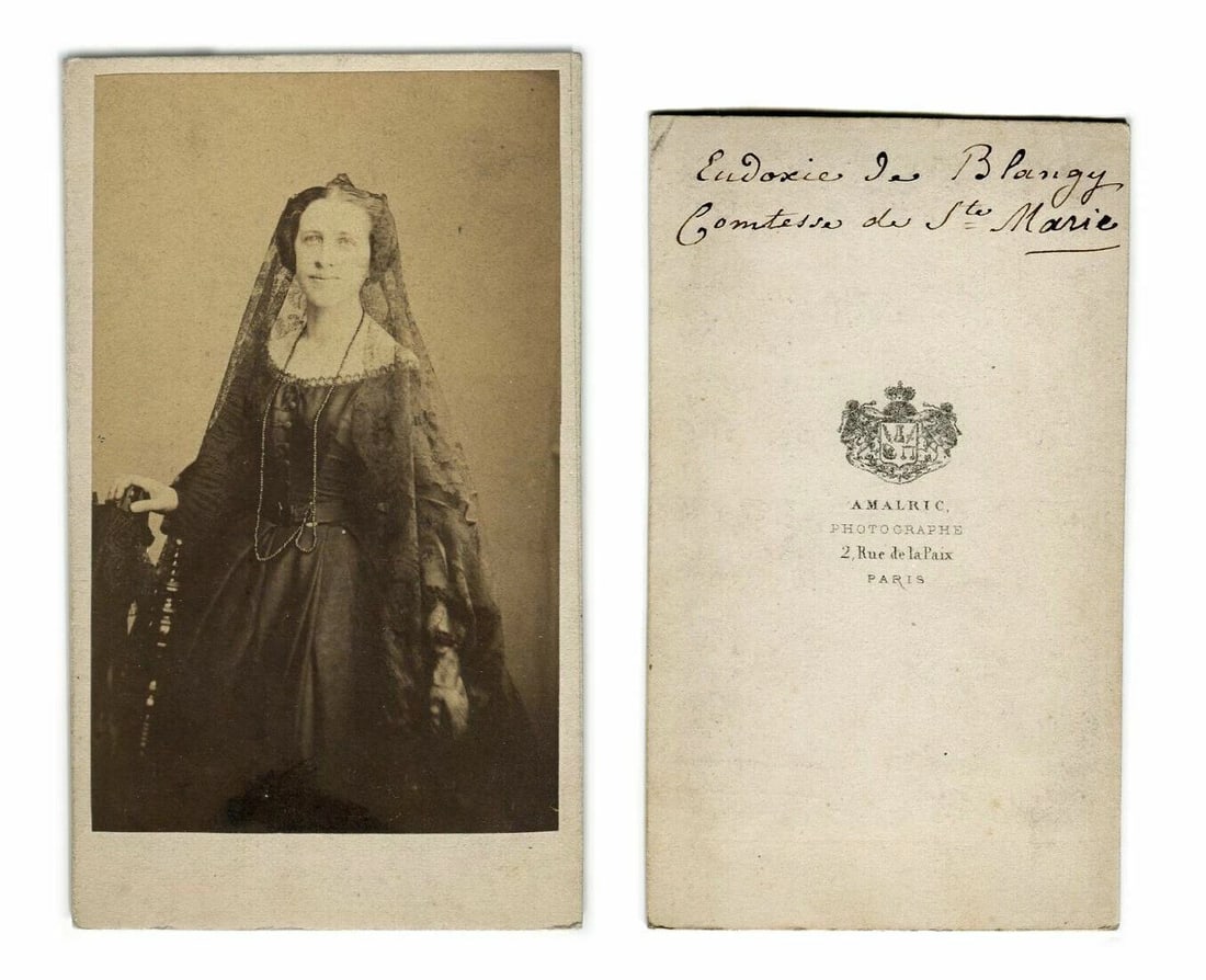 CDV Photo – Comtesse de Sainte Marie – Amalric Studio c 1860: Elegant CDV of the Comtesse de Sainte Marie, photographed by Amalric. Poised in noble attire, this image is a window into aristocratic society. Dimension: 6.3 x 10.3 cm Reserve: $50.00 Shipping: