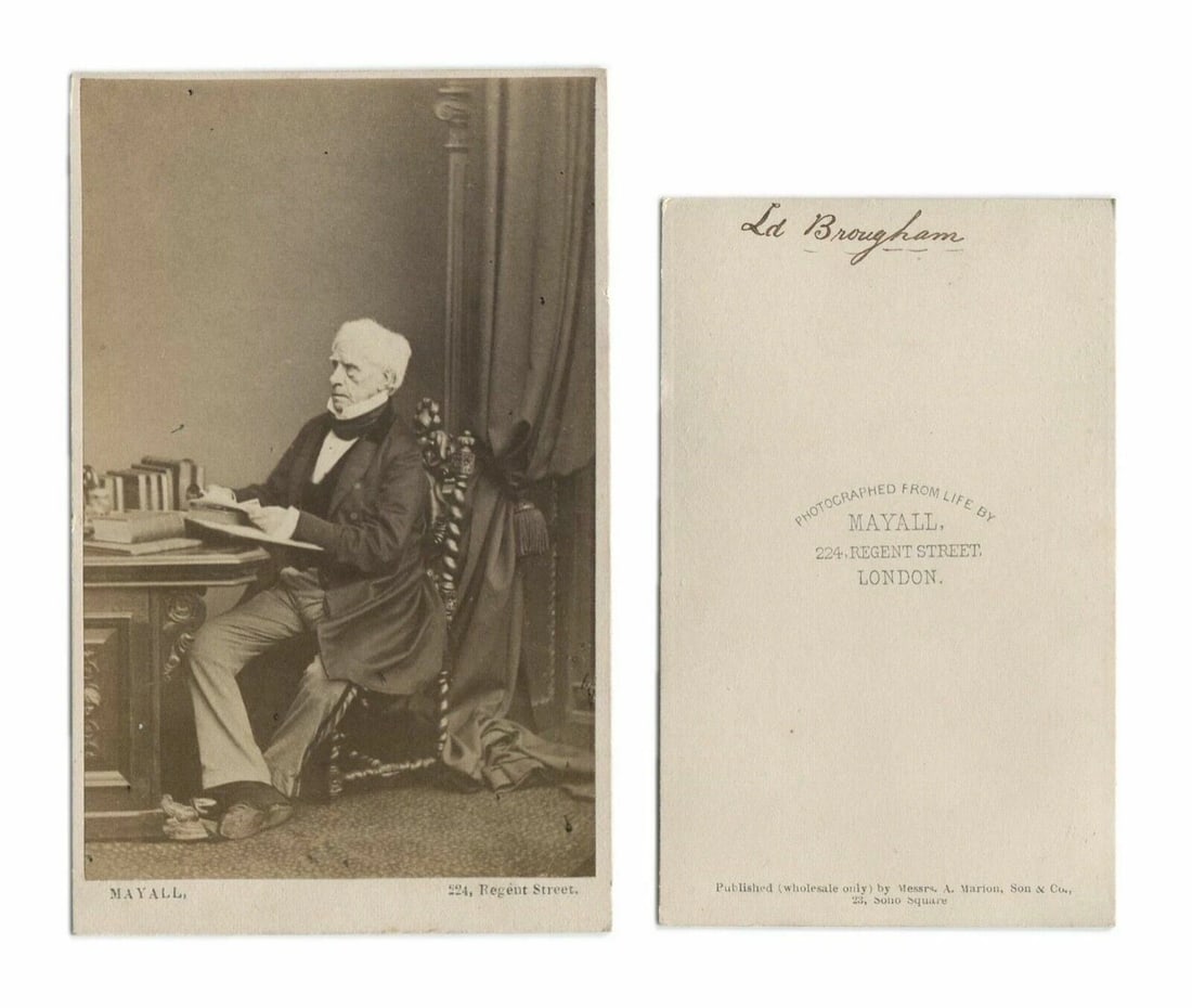 1870 Lord Brougham, British Politician CDV Photo – Mayall Studio: Formal portrait of Lord Henry Peter Brougham, British statesman and reformer. Classic CDV by Mayall, known for influential political portraits. Dimension: 6,3 x 10,3 cm Reserve: $110.00 Shipping: