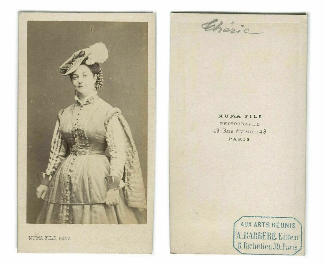 1864 Alice Théric, Opera Actress CDV Photo – Numa Fils, Paris: Second portrait of Alice Théric in her role as a French opera performer. Captured by Numa Fils, Paris. Lively pose and elegant costume. Size: 7 x 10 cm Reserve: $70.00 Shipping: Domestic: