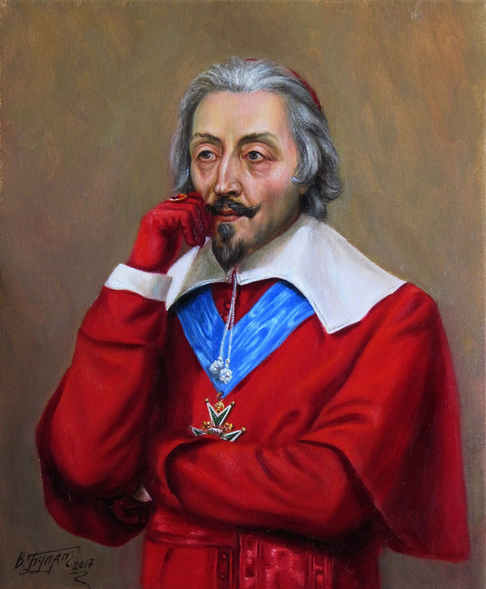 Oil painting Richelieu Valeriy Bulat: 22BUL Painter: Valeriy Bulat Size: 30x25 cm/11.81x9.84 inches Components: oil, canvas Original painting - Based on A. Dumas's "The Three Musketeers" CONDITION: excellent ARTIST: Bulat Valeriy
