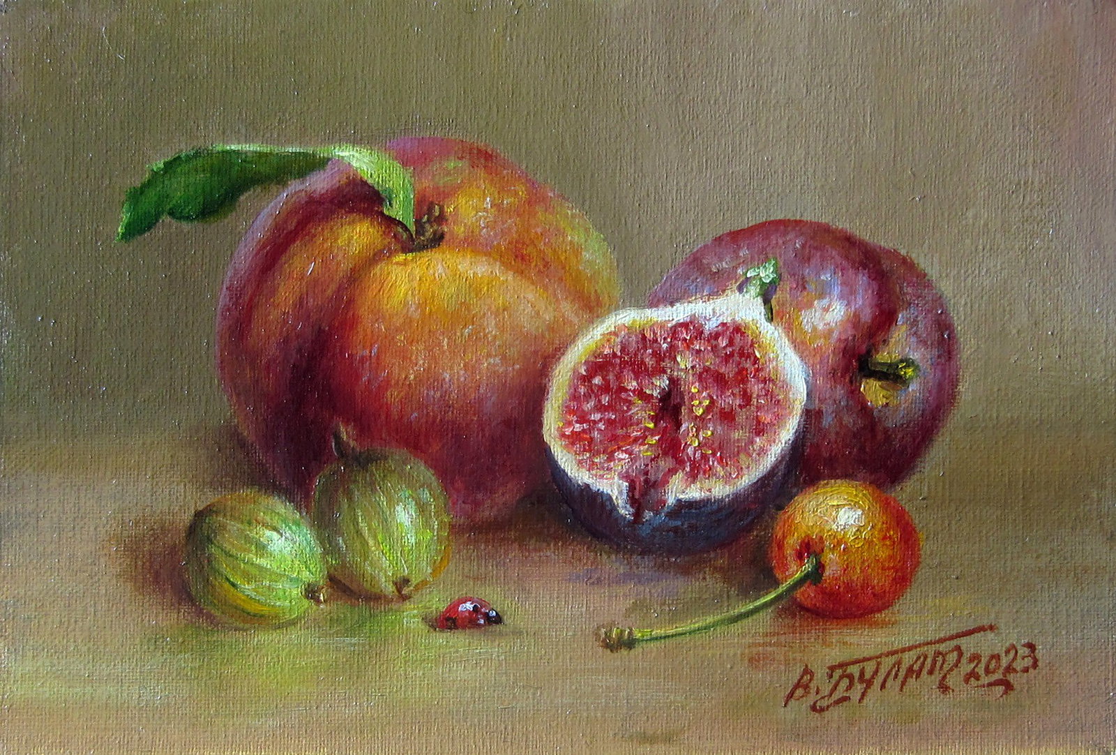 Oil painting Fruit still life Valeriy Bulat: 45BUL Painter: Valeriy Bulat Size: 10x15 cm/3.93x5.90 inches Components: oil, canvas Original painting CONDITION: excellent ARTIST: Bulat Valeriy Nikolaevich. Born in Zaporozhye (Ukraine). Graduated