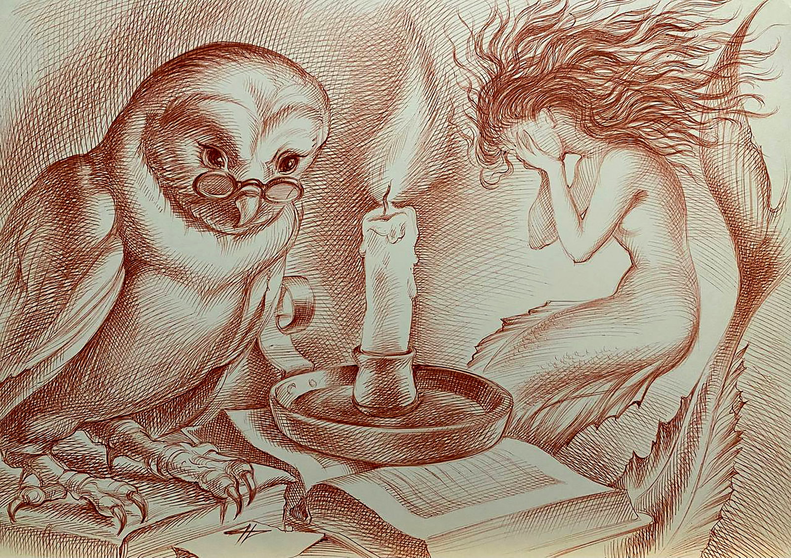 Pen painting Reading Wisdom Natalia Bulat: 76BUL Painter: Natalia Bulat Size: paper A4 Components: pen, paper Original painting CONDITION: excellent ARTIST: She was born in the city of Zaporozhye in a family of technical intelligentsia. She