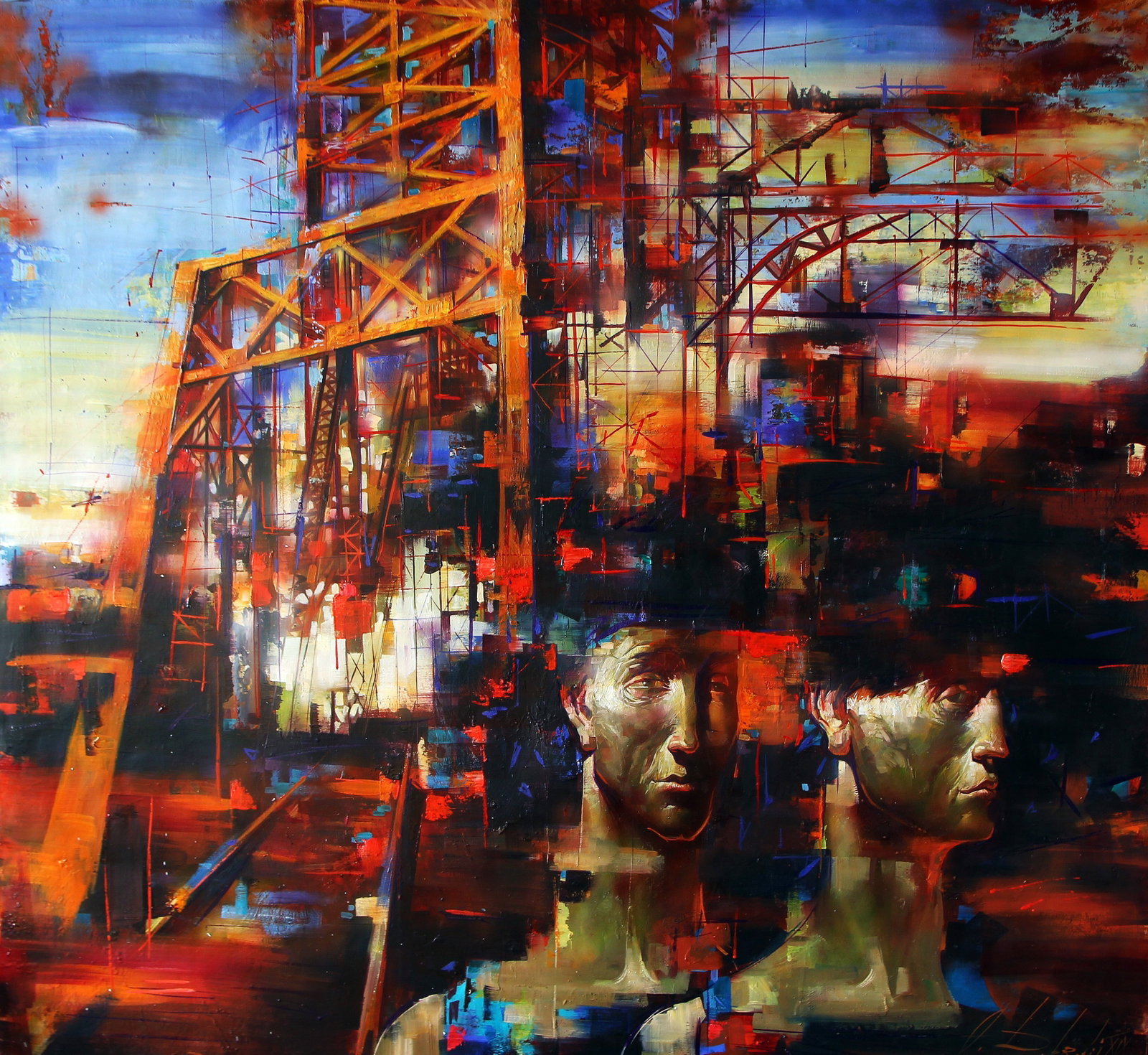 Oil painting Industrial motif Alexander Dobrodiy: 2DOBROD Painter: Alexander Dobrodiy Size: 110x120 cm/43.30x47.24 inches Components: oil, canvas Original painting CONDITION: excellent ARTIST: Alexander Dobrodiy is known for his bright and