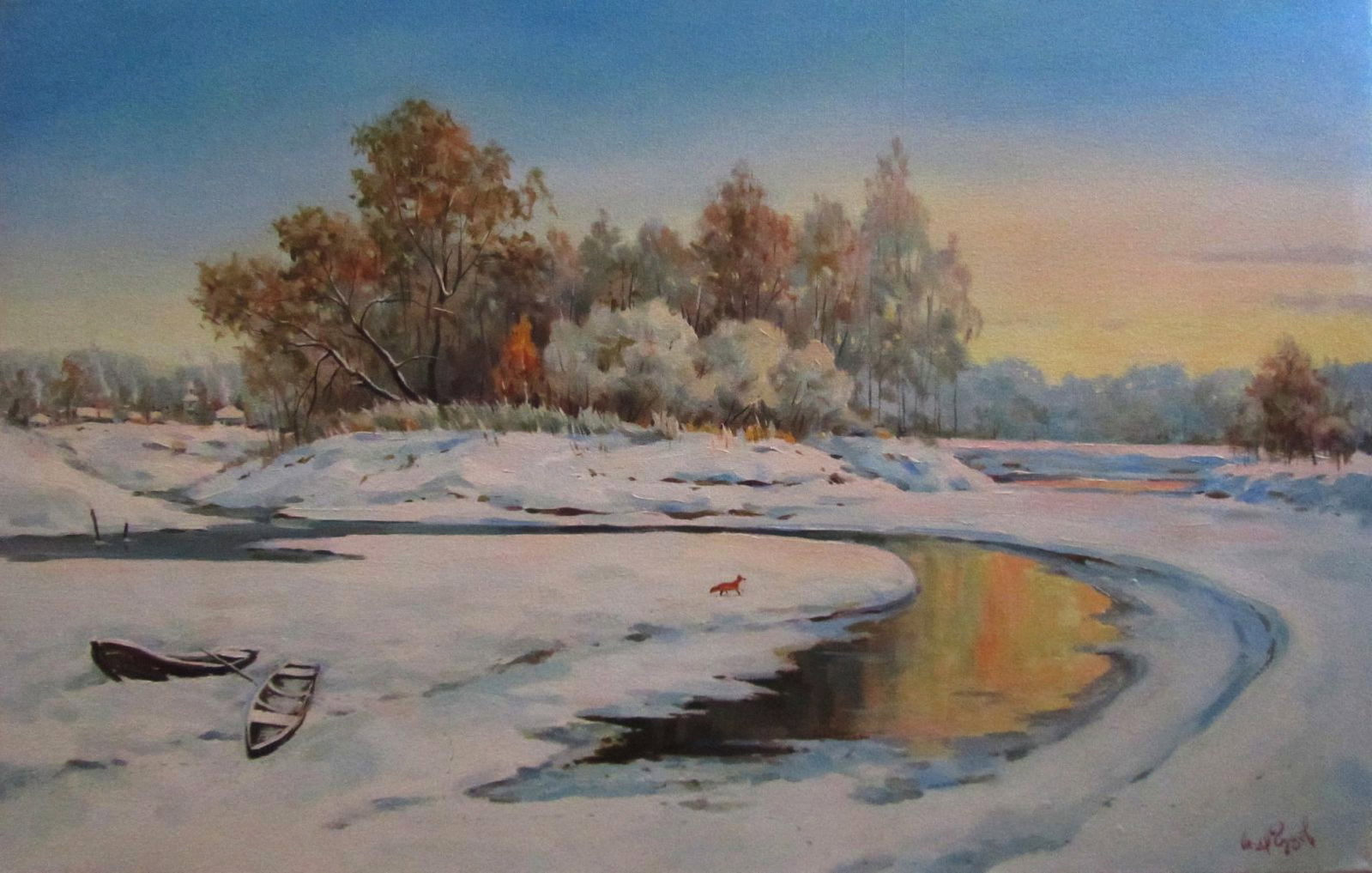 Oil painting Winter morning Alexander Guzev: 1GUZ Painter: Alexander Guzev Size: 40x60 cm/15.74x23.62 inches Components: oil, canvas Original painting CONDITION: excellent ARTIST: Reserve: $295.00 Shipping: Domestic: Flat-rate of $35.00