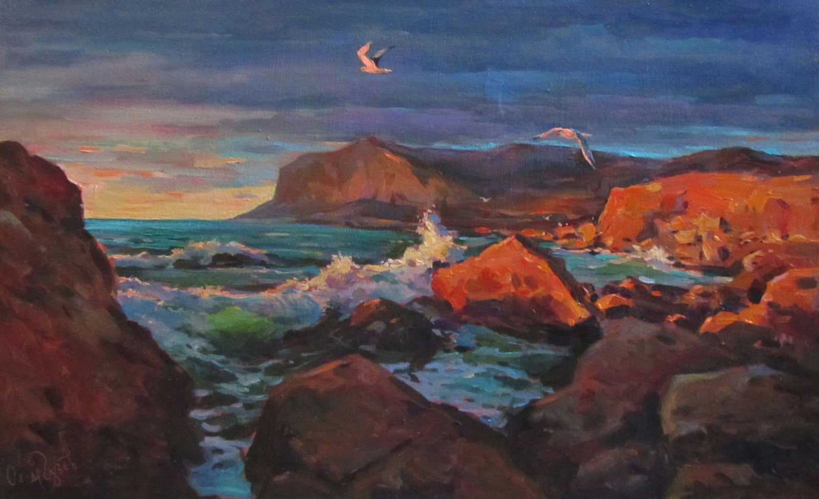 Oil painting The coast by the sea Alexander Guzev: 3GUZ Painter: Alexander Guzev Size: 30x50 cm/11.81x19.68 inches Components: oil, hardboard Original painting CONDITION: excellent ARTIST: Reserve: $295.00 Shipping: Domestic: Flat-rate of $35.00