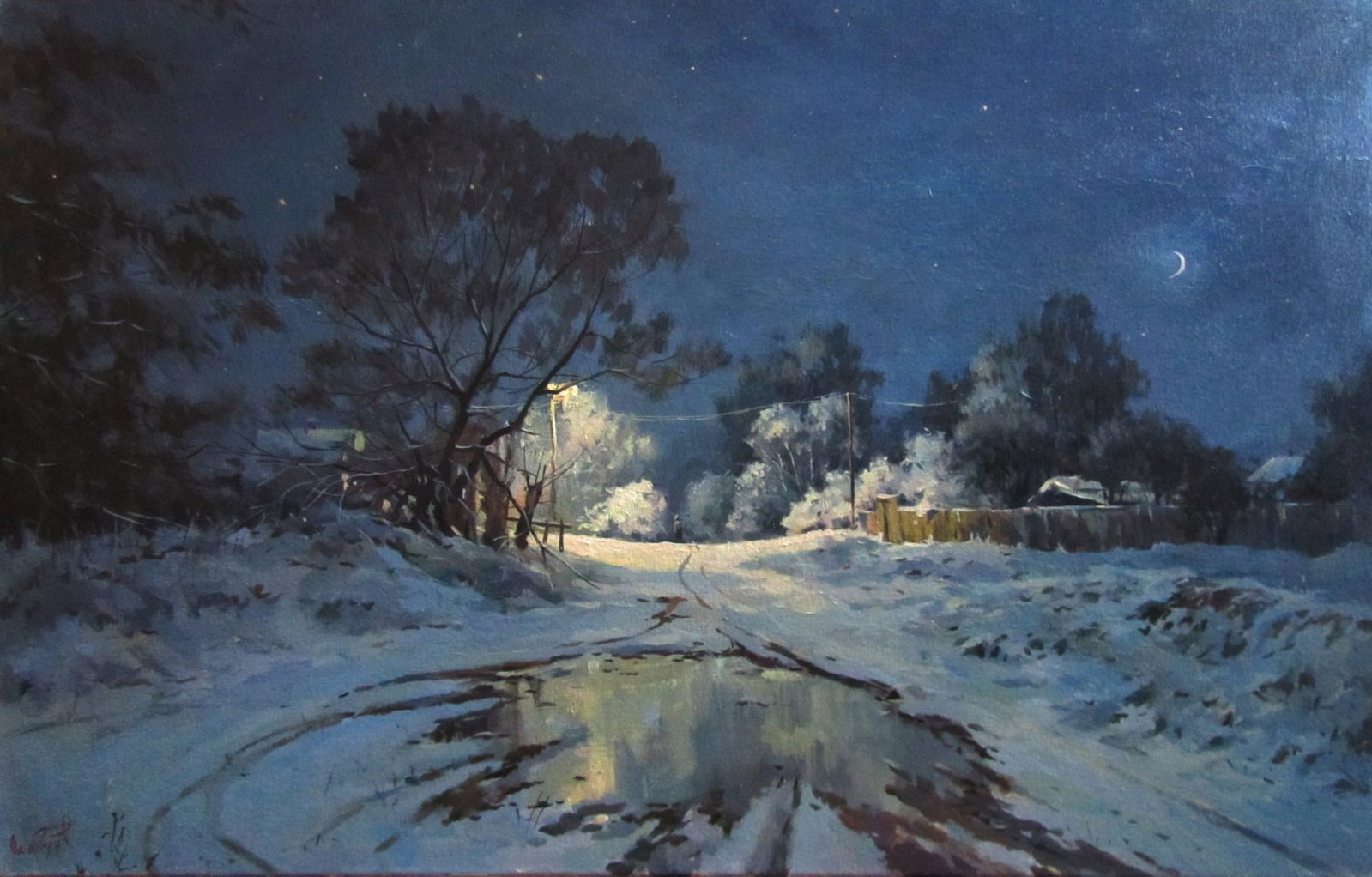 Oil painting Winter evening Alexander Guzev: 7GUZ Painter: Alexander Guzev Size: 40x60 cm/15.74x23.62 inches Components: oil, canvas Original painting CONDITION: excellent ARTIST: Reserve: $370.00 Shipping: Domestic: Flat-rate of $35.00