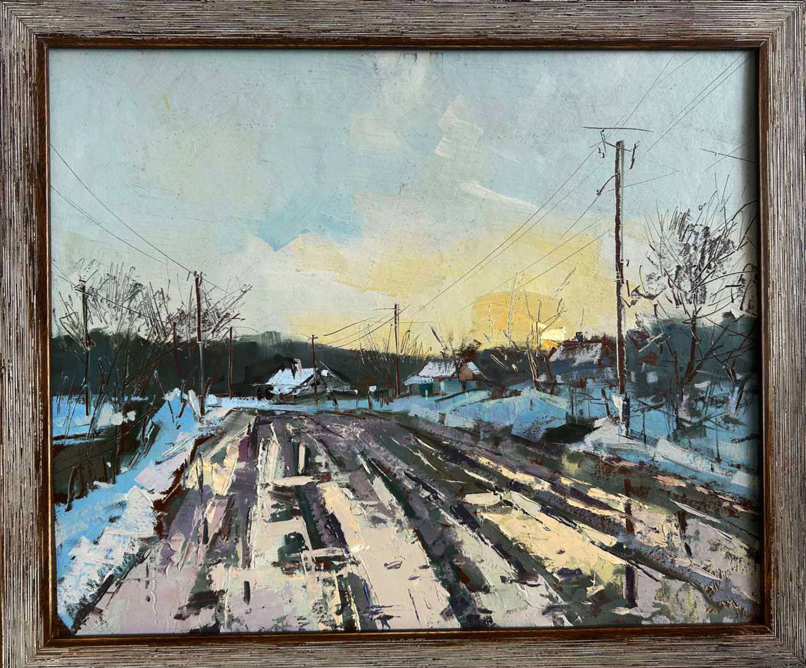 Oil painting Village street in the snow Igor Lysytsya: 16LISITS Painter: Igor Lysytsya Size: 33x40 cm/12.99x15.74 inches Components: oil, cardboard Original painting CONDITION: excellent ARTIST: Reserve: $133.00 Shipping: Domestic: Flat-rate of $35.00