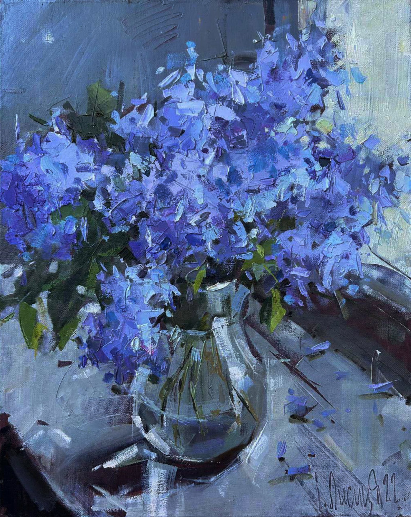 Oil painting Blue lilac bouquet Igor Lysytsya: 20LISITS Painter: Igor Lysytsya Size: 50x40 cm/19.68x15.74 inches Components: oil, canvas Original painting CONDITION: excellent ARTIST: Reserve: $248.00 Shipping: Domestic: Flat-rate of $35.00