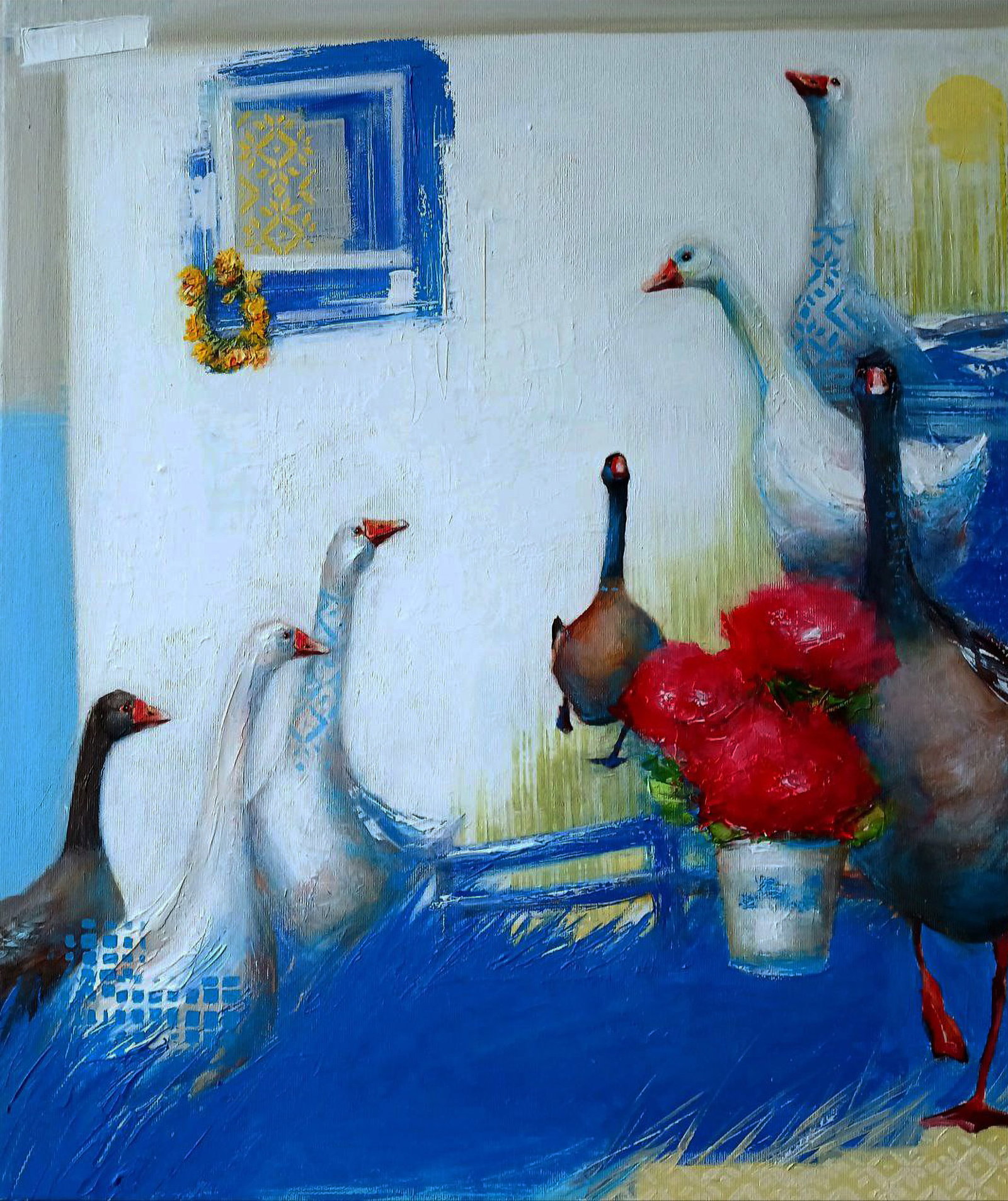 Acrylic painting Gathering of Geese Marusya Abashidze: 75ABASH Painter: Marusya Abashidze Size: 60x50 cm/23.62x19.68 inches Components: acrylic, canvas Original painting CONDITION: excellent ARTIST: Marusya Abashidze is a Ukrainian artist who works under 