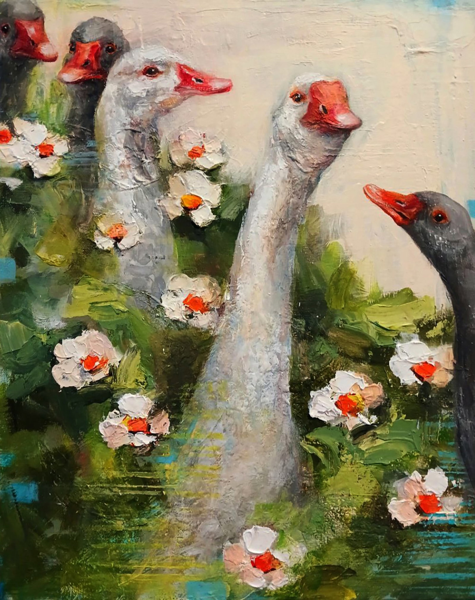 Acrylic painting Party at the Geeses Marusya Abashidze: 81ABASH Painter: Marusya Abashidze Size: 45x35 cm/17.71x13.77 inches Components: acrylic, canvas Original painting CONDITION: excellent ARTIST: Marusya Abashidze is a Ukrainian artist who works under