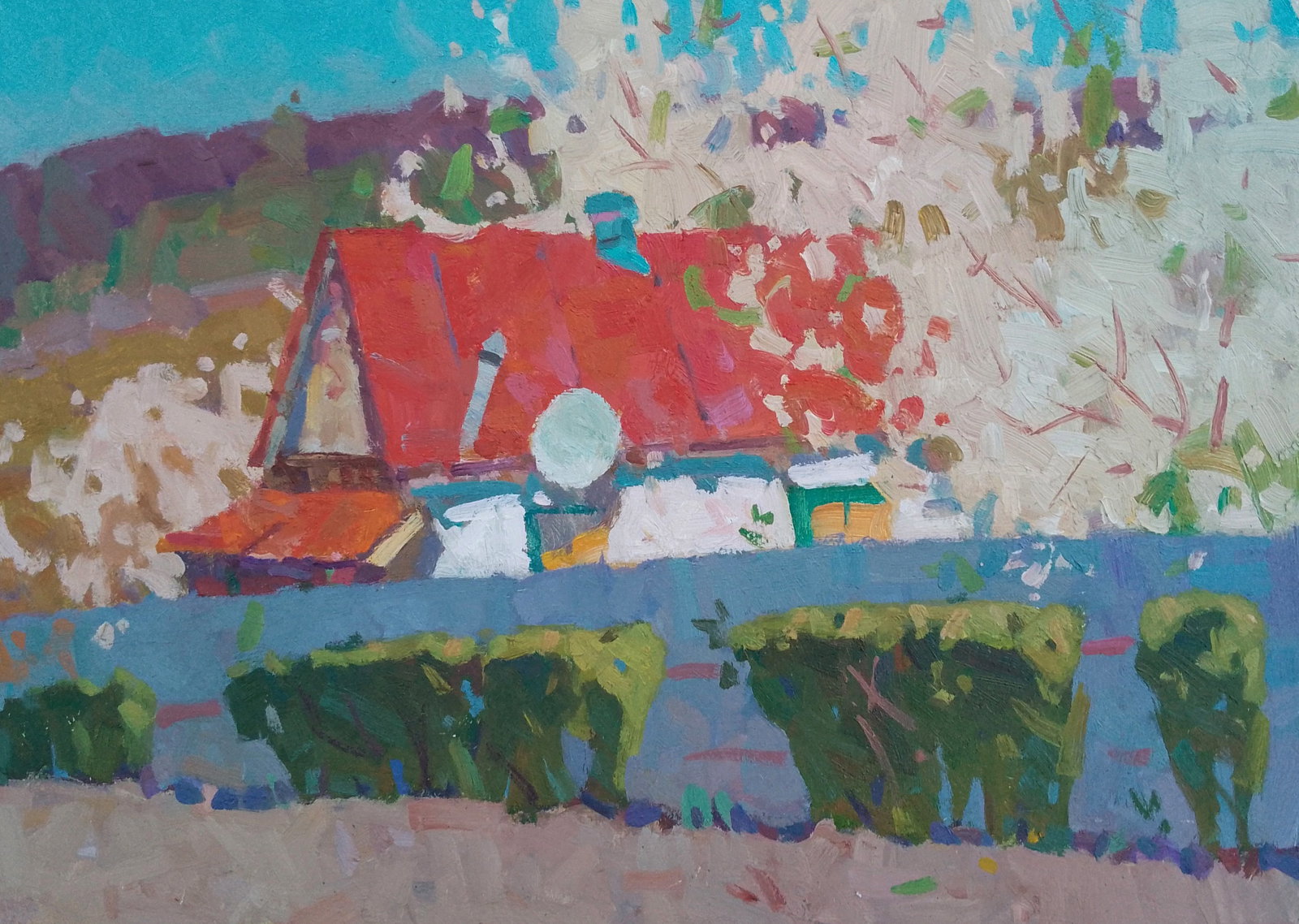 Oil painting The cherry trees are blooming Igor Tuzhikov: 33TUZHIK Painter: Igor Tuzhikov Size: 25x35 cm/9.84x13.77 inches Components: oil, cardboard Original painting CONDITION: excellent ARTIST: Ihor Tuzhikov is a contemporary Ukrainian plein-air painter