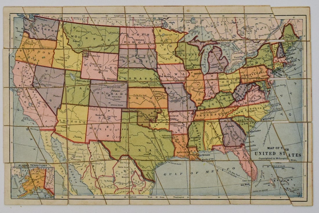 1889 McLoughlin Puzzle Map of the US -- Dissected Map of the United States: Title:1889 McLoughlin Puzzle Map of the US -- Dissected Map of the United States,li>Cartographer:McLoughlin Bros. Year/Place:1889 c., New York Map Dimension (in.):8.5 X 13 in. puzzle; 6.8 X 9.4 in.