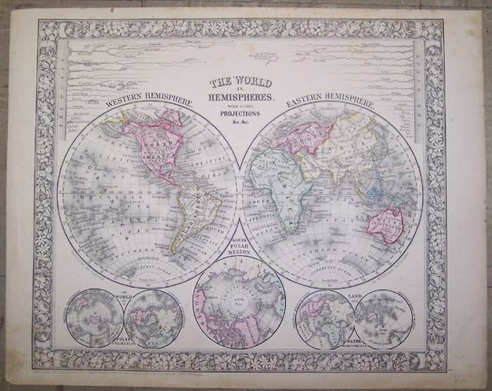 World in Hemispheres.: Publication Date:1860 Title:World in Hemispheres.,li>Cartographer:WILLIAMS, J. Publisher:S. Augustus Mitchell, Jr. Brief Description:"With other projections &c. &c." Includes lengths of rivers. Five