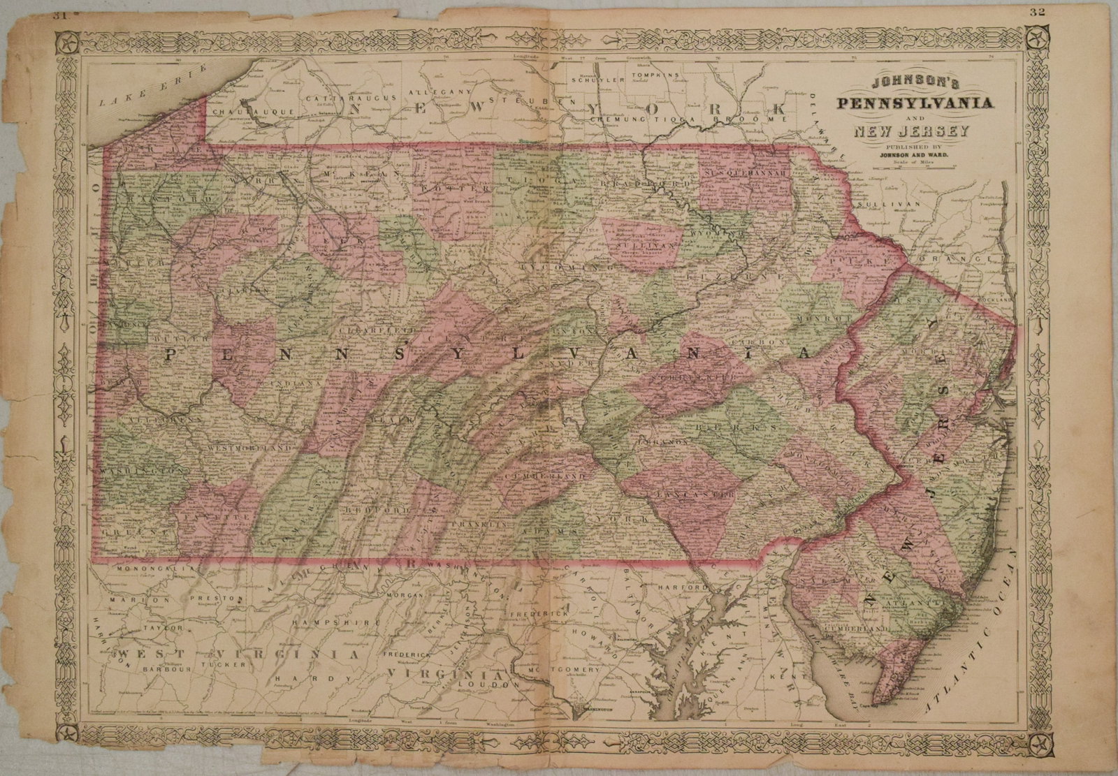 1866 Johnson Map of Pennsylvania and New Jersey -- Johnson's Pennsylvania and New Jersey: Title:1866 Johnson Map of Pennsylvania and New Jersey -- Johnson's Pennsylvania and New Jersey,li>Cartographer:Johnson & Ward Year/Place:1866, New York Map Dimension (in.):17.1 x 23.2 in. Description: