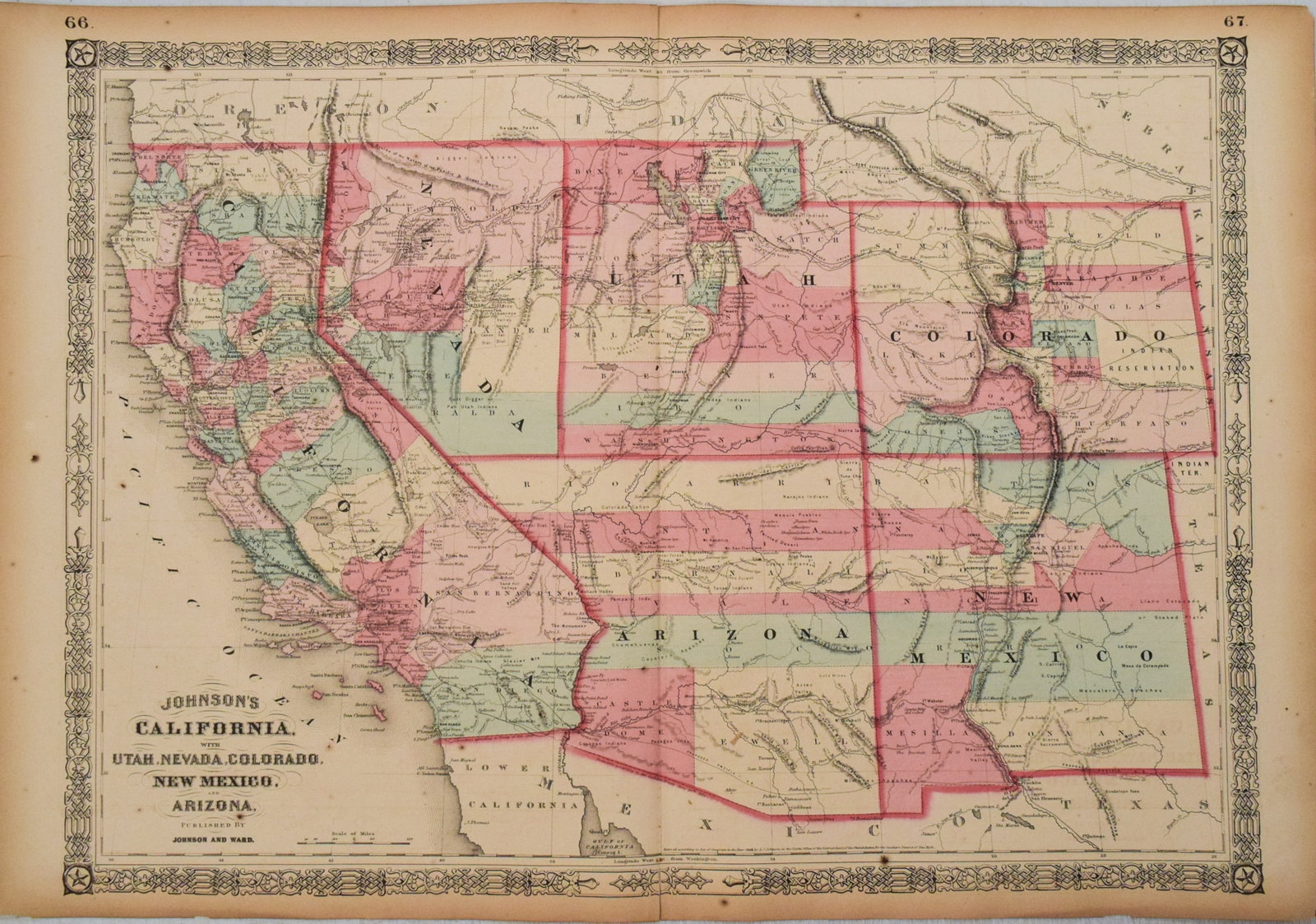 1864 Johnson Map of US West -- Johnson's California, with Utah, Nevada, Colorado, New Mexico, and: Title:1864 Johnson Map of US West -- Johnson's California, with Utah, Nevada, Colorado, New Mexico, and Arizona,li>Cartographer:Johnson and Ward Year/Place:1864, New York Map Dimension (in.):16.9 X 23