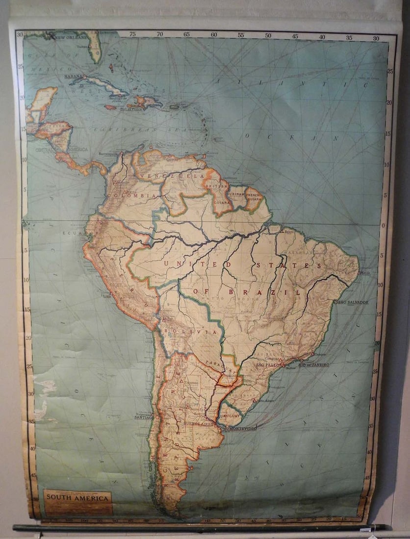 South America: Publication Date:c1935 Title:South America,li>Cartographer:GOODE, J. PAUL Publisher:RAND MCNALLY & CO. Brief Description:(Political wall map series by J. Paul Goode) Gives nautical routes and