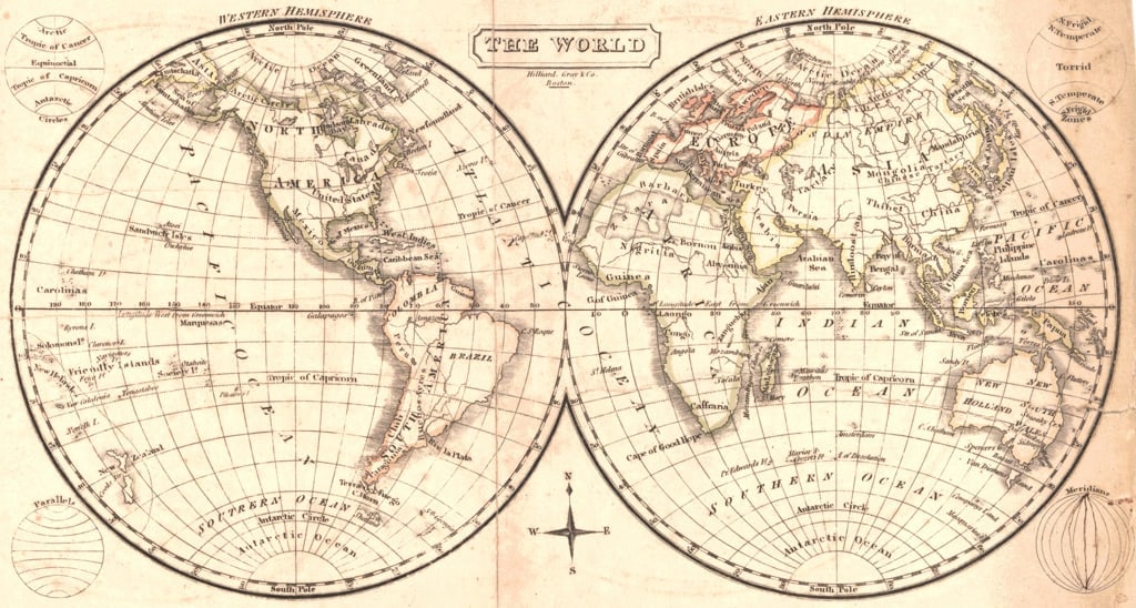 World: Publication Date:1826 Title:World,li>Cartographer:MORSE, H. Publisher:HILLIARD, GRAY & CO. Brief Description:The earth in hemispheres. From a school atlas, "An atlas accompanying Worcester's Epitome