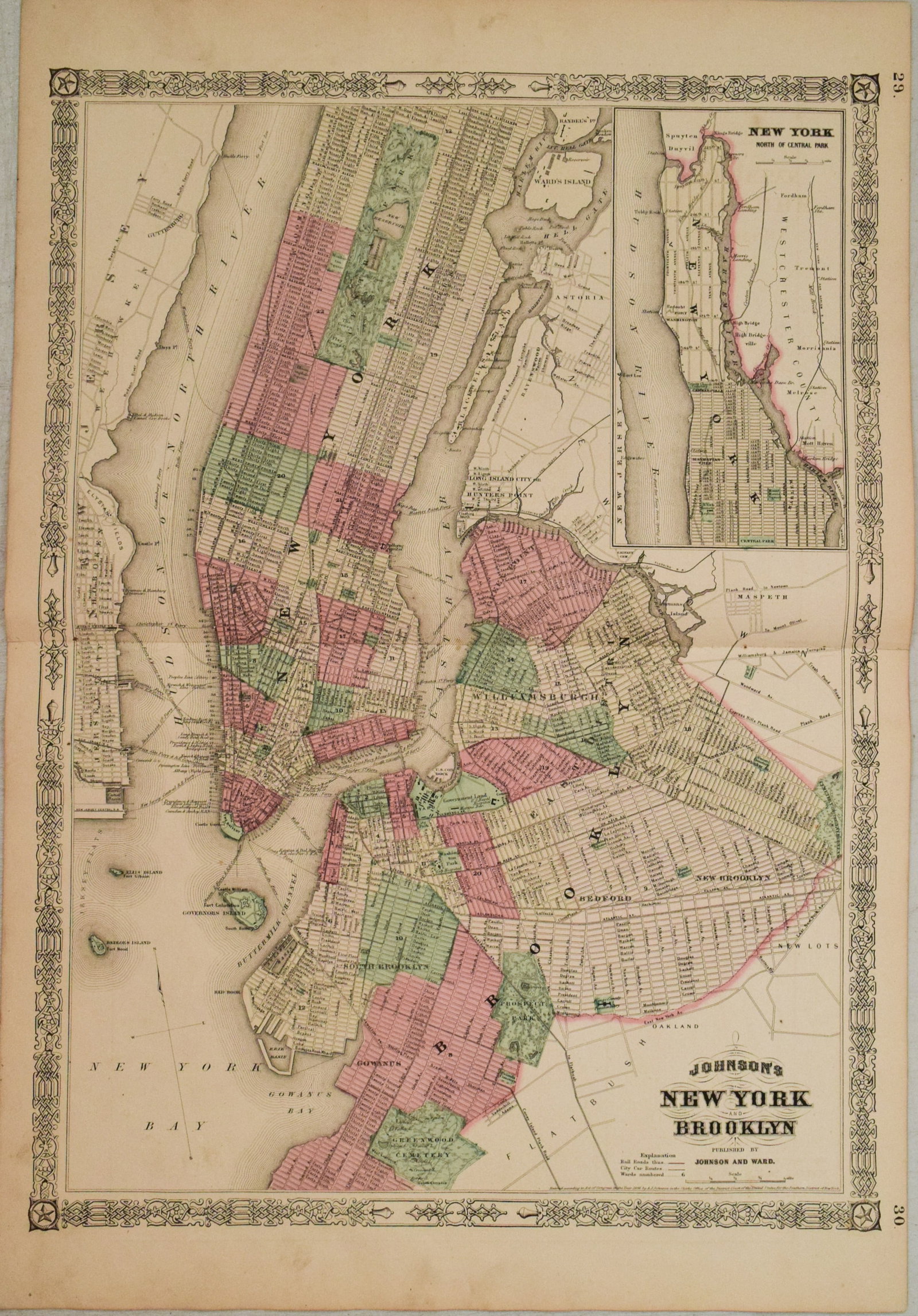 1866 Johnson Map of New York City -- Johnson's New York and Brooklyn: Title:1866 Johnson Map of New York City -- Johnson's New York and Brooklyn,li>Cartographer:Johnson and Ward Year/Place:1866, New York Map Dimension (in.):22.8 x 16.3 in Description:This is a superb, d