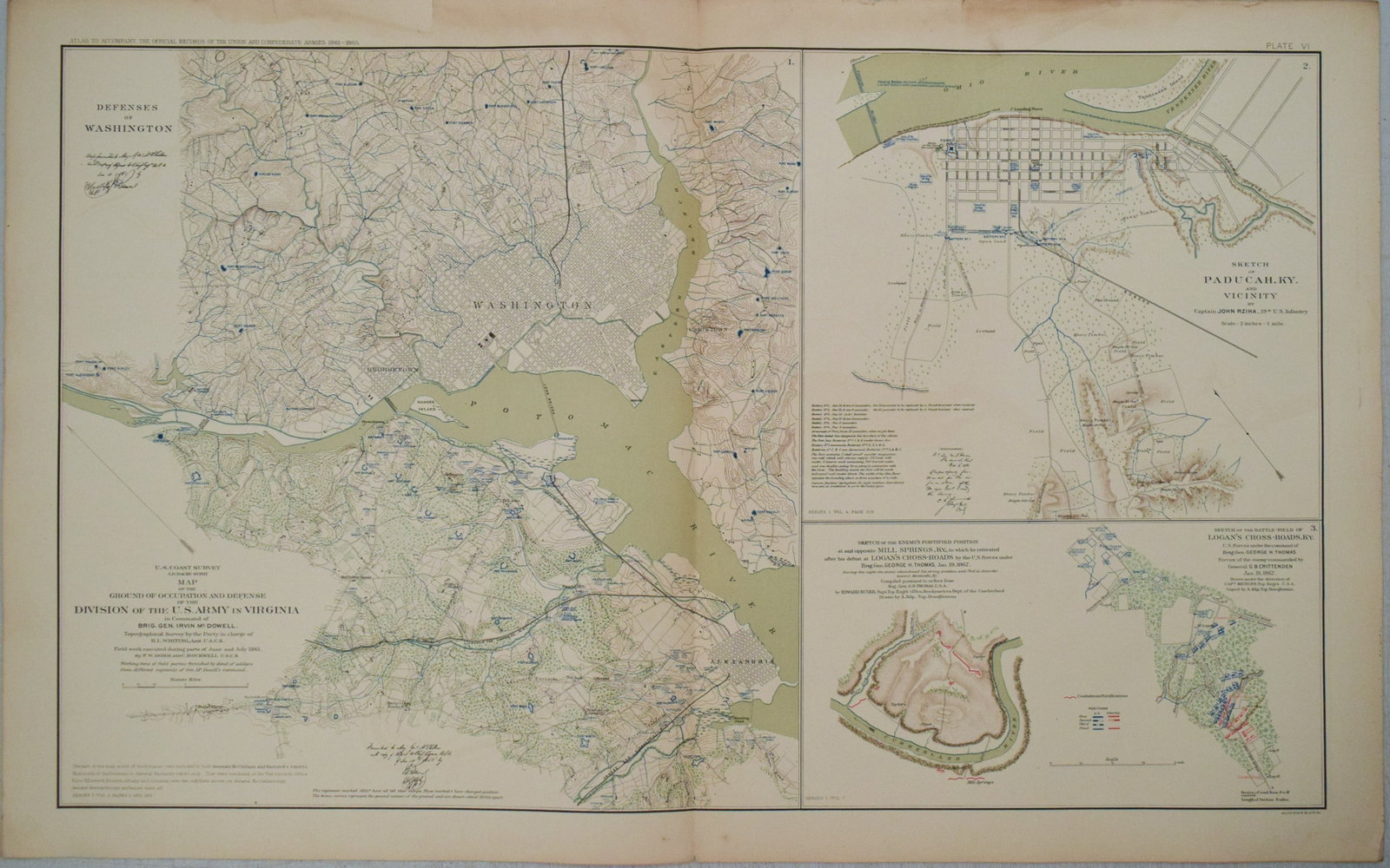 1893 Civil War Map Washington, Paducah, KY and Logan's Cross-Roads plus Mill Springs, KY -- Defenses: Title:1893 Civil War Map Washington, Paducah, KY and Logan's Cross-Roads plus Mill Springs, KY -- Defenses of Washingto [with] Sketch of Paducah [with] …Mill's Springs, KY… [with] Logan's