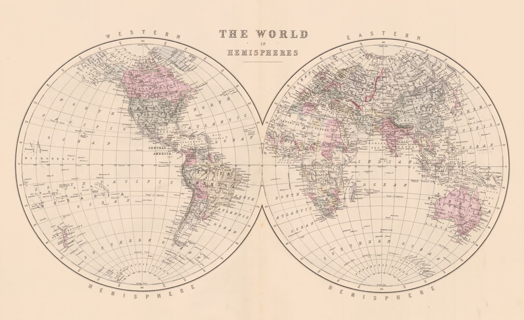 World in Hemispheres: Publication Date:1888 Title:World in Hemispheres,li>Cartographer:BRADLEY, WM. M. Publisher:WM. M. BRADLEY & CO. Brief Description:Upper left corner damaged. Height:23 Width:11.5 Reserve: $35.00