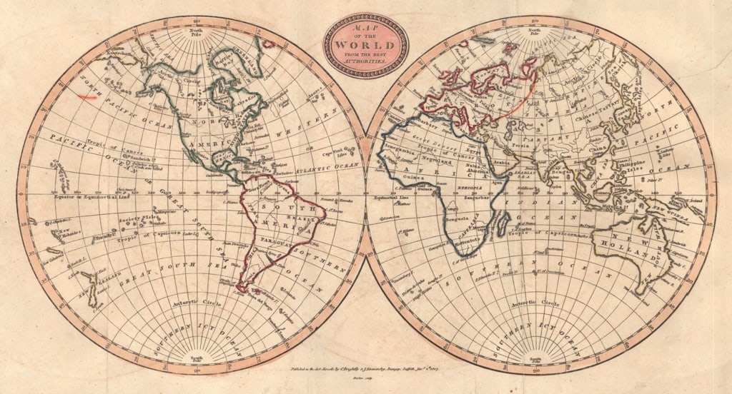 Map of the World from the Best Authorities.: Publication Date:-33965 Title:Map of the World from the Best Authorities.,li>Cartographer:BARLOW, sculp. Publisher:C. BRIGHTLY & J. KINNERSLEY Brief Description:World in hemispheres. From Rev. E. Blom
