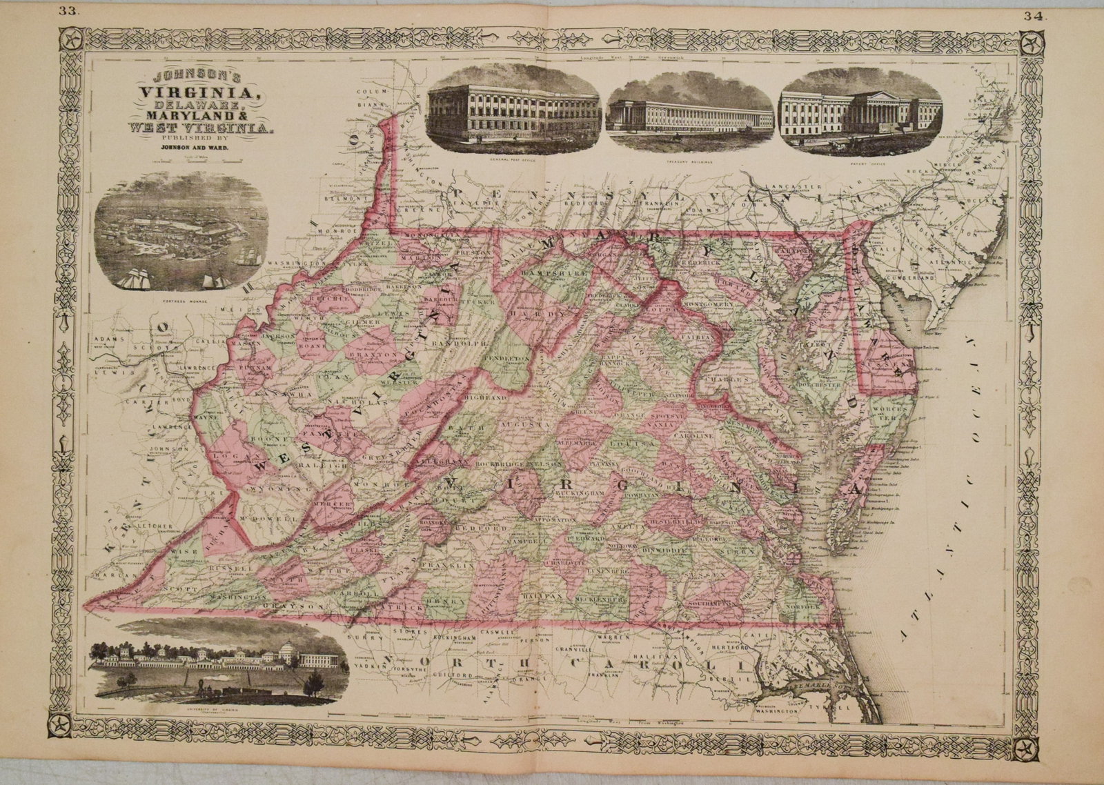 1866 Johnson's Virginia, Delaware, Maryland & West Virginia: Title:1866 Johnson's Virginia, Delaware, Maryland & West Virginia,li>Cartographer:Johnson & Ward Year/Place:1866, New York Map Dimension (in.):17 X 23 in. Description:This is a superb, double page