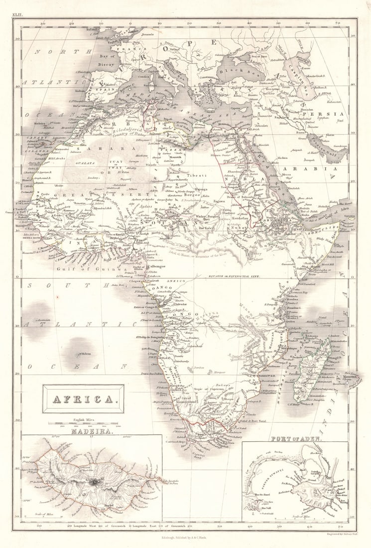 Africa.: Publication Date:c1845 Title:Africa.,li>Cartographer:HALL, SIDNEY Publisher:A. & C. Black Brief Description:Two inset maps, Madeira and Port of Aden. Margin tears. Height:9.75 Width:16 Reserve:
