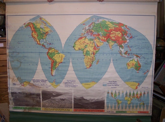 Simplified Landform Regional World. Boggs Equal Area Projection: Publication Date:1954 Title:Simplified Landform Regional World. Boggs Equal Area Projection,li>Cartographer:BOGGS Publisher:A.J. Nystrom & Co. Brief Description:Map No. LP 97. Some water damage and br